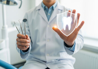 Oral Health and Dentistry: Dentist with Tools and a Tooth Protection Symbol.