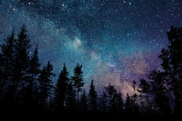 Milky Way shines above dark forest silhouettes on clear and starry night. It is perfect for astrology, astronomy, space, or nature related projects.