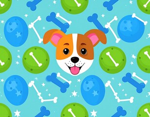 Cute Cartoon Dog Face with Toys and Bones Seamless Pattern on Light Blue Background