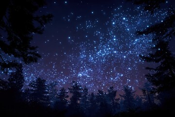 Starry night sky over dark silhouetted forest, deep blue tones. Great for a spiritual, astrological, or fantasy themed project.