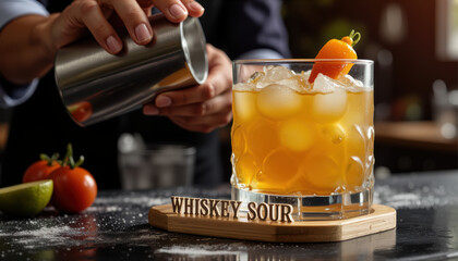 Man pouring whiskey sour cocktail into glass on bar counter  