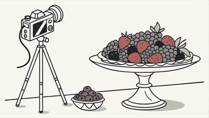 Still life photography setup with camera on tripod bowl of berries and fruit platter.