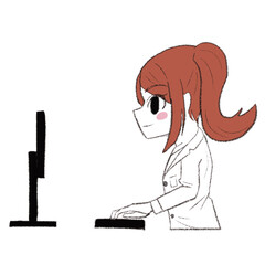 白衣を着た女の子がパソコンを使っている