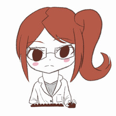 白衣を着た女の子がマウスとキーボードを操作している