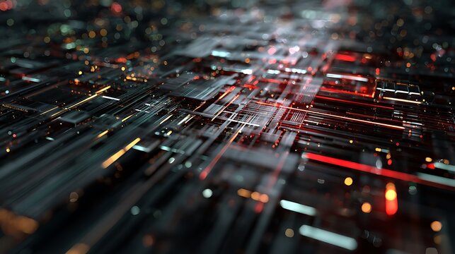 Abstract visualization of circuit board pathways and data processing streams