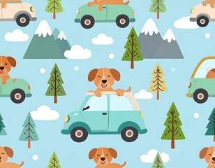Cute cartoon dogs in cars driving through mountains and trees seamless pattern