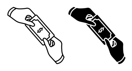Linear icon. Hands of a bribe taker and a criminal pass money to each other. Simple black and white vector isolated on white background