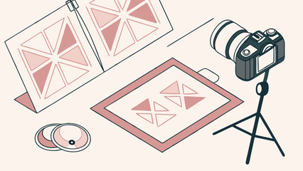 Studio Photography Setup with Camera and Reflectors Isometric Illustration.