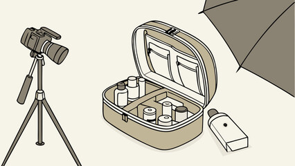 Studio Photography Setup with Camera Tripod and Cosmetic Case.