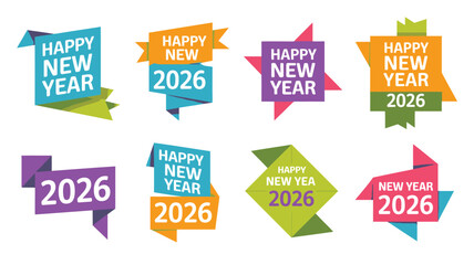 Fototapeta premium Collection of Colorful Happy New Year 2026 Banners with Geometric Ribbon and Triangle Designs