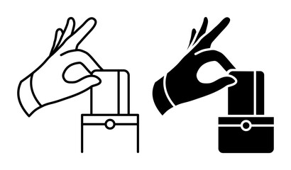 Linear icon. Pickpocket hand deftly and quietly removes a credit card from victim pocket. Simple black and white vector isolated on white background