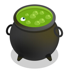 Isometric foul smelling green potion bubbles in the sorcerer metal cauldron. Isolated cartoon vector on white background