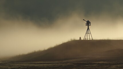 watchtower. Silhouette of a solitary watchtower in morning mist with a telescope mounted. real-estate listings, architecture portfolios, designed for interior renovation comparisons for interiors.