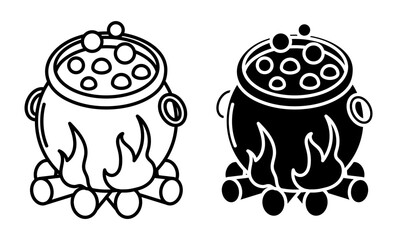 Linear icon. Witch cauldron with a boiling potion is being cooked over a burning fire. Simple black and white vector isolated on white background