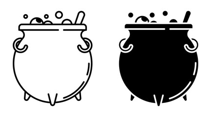 Linear icon. Pot bellied cast iron cauldron with a boiling, seething brew. Simple black and white vector isolated on white background