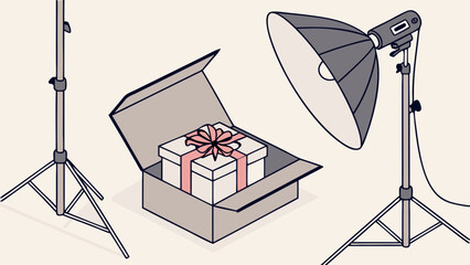 Studio Photography Setup with Gift Box and Lighting Equipment Illustration.