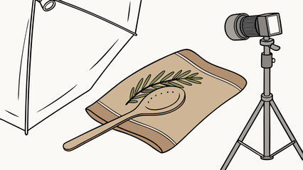 Studio Photography Setup with Lighting and Backdrop Wooden Spoon and Branch Illustration.