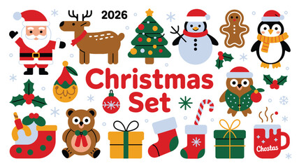 Fototapeta premium Colorful Christmas Set with Santa, Reindeer, Tree, Penguin, Gingerbread, Bear, and Other Elements