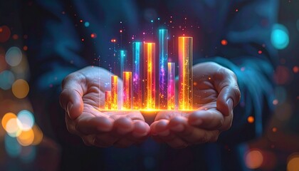 Futuristic 3D stacked bar chart in human hands
