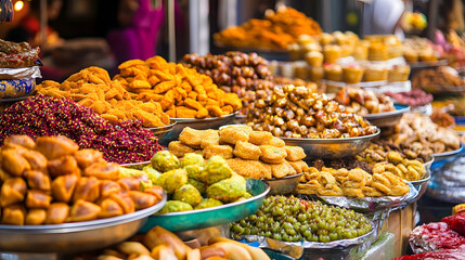 Obraz premium A vibrant display of colorful sweets and treats at a bustling market stall, showcasing an array of delicious confectionery delights and traditional snacks