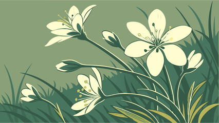 Stylized Floral Illustration Springtime Blossoms Elegant Botanical Design Cream Flowers Green Grass Background.