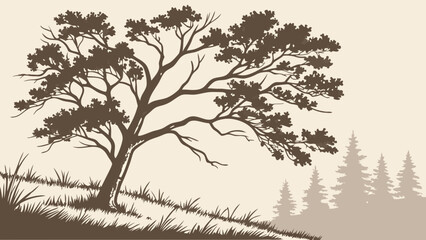 Stylized Deciduous Tree and Coniferous Forest Silhouette on Hillside Nature Illustration Vector Graphic.