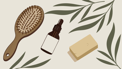 Stylized Hair Care and Skincare Elements on a Neutral Background.