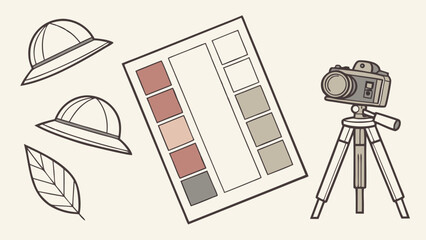 Stylized Illustration Camera Palette Hats and Leaf.