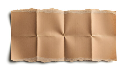 A folded and torn piece of brown paper creates a rustic and textured background isolated on white background
