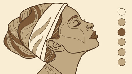 Stylized illustration of a womans face spa treatment beauty skincare wellness profile view headband elegant calm serene minimalist art design element vector art graphic design patte.
