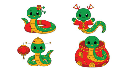 Obraz premium Adorable Cartoon Snakes in Chinese Costumes Celebrating Lunar New Year, Cute Animal Characters