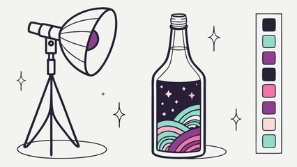 Stylized Vector Art of Studio Light and Decorated Bottle.
