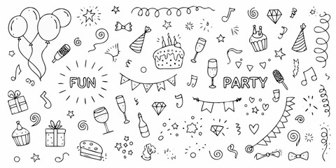 Collection of hand drawn doodle elements for party celebration and fun including cake balloons gifts and confetti