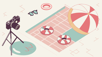 Summer Vacation Photography Scene Camera Pool and Beach Accessories on Tripod.