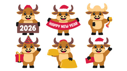 Fototapeta premium Cartoon Ox Illustrations for Chinese New Year 2026 Celebrations with Festive Elements