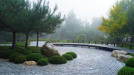 Misty Japanese Garden Path with Wooden Bridge and Pine Trees