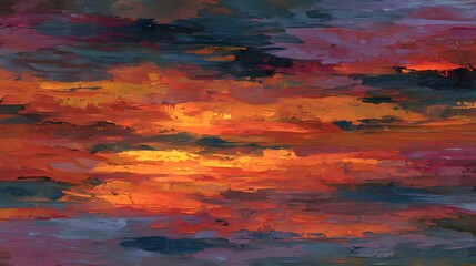 Dramatic sunset rendering with textured brushstrokes and vibrant colors