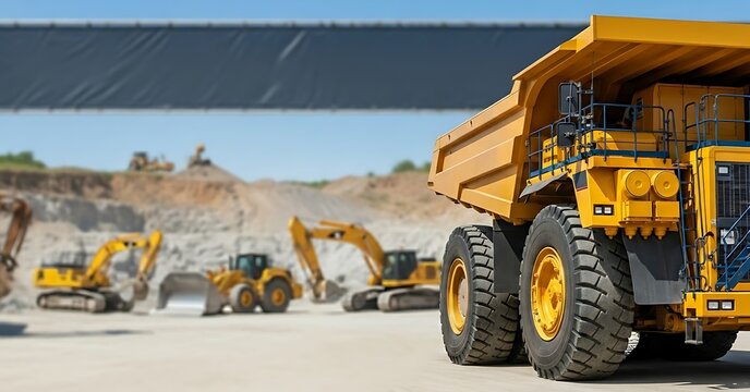 Heavy machinery at a construction site with a large yellow dump truck and excavators working on a sunny day with a blue sky