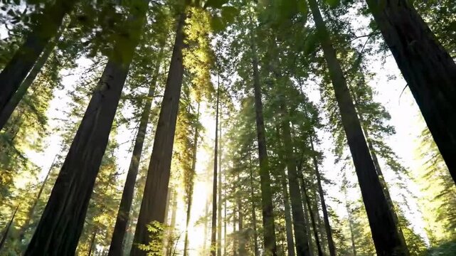 Exploring the serene majesty of a giant redwood forest as golden sunlight filters through the high tree canopy