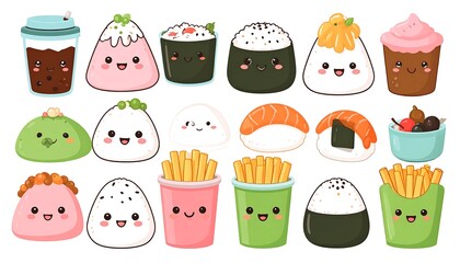 Cute Cartoon Food Illustration: Sushi, Fries, Cupcake, and Bubble Tea
