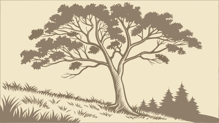 Vintage Landscape Illustration of a Tree and Grassy Hillside.