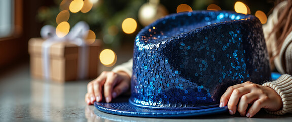 Sparkly blue party hat resting on table with hands and gift box  