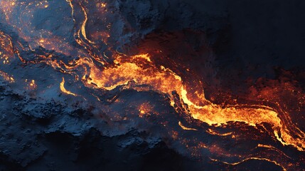 Dynamic abstract of flowing volcanic magma against a dark geological landscape