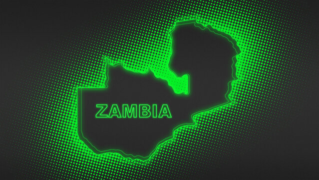 Neon Green Zambia Map Outline Futuristic Digital Glow Halftone Illustration