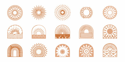 Collection of boho sun and rainbow icons in earth tones for design elements