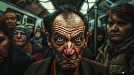 Obraz premium Elderly people in crowded public transport, a man with a tired and worried look in the foreground. Social projects about urban life, problems of overpopulation, 