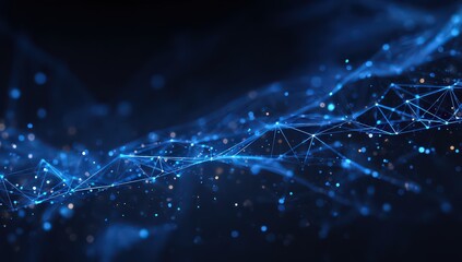 Abstract Digital Network Lines and Dots with Glowing Blue Light on Black Background