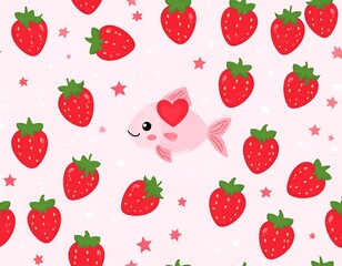 Cute Cartoon Fish with Strawberries Seamless Pattern for Kids Design