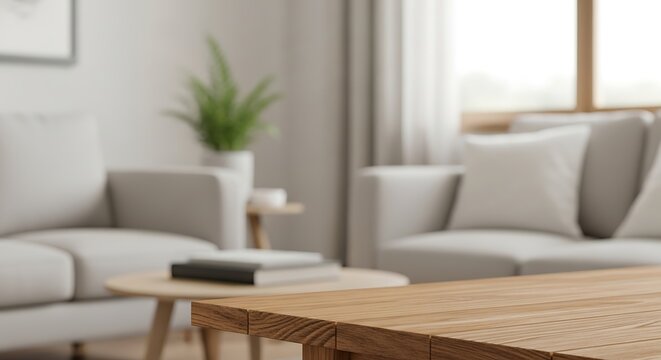A bright living room with a wooden table in the foreground and blurred sofas, plant, and window in the background