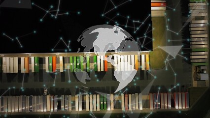 Aerial of delivery trucks and warehouse with global map graphics representing worldwide shipping...